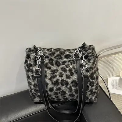 Mao Mao Plaid Leopard Print Shoulder Tote Bag