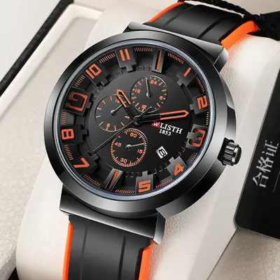 Men's Black Orange Sport Chronograph Watch with 3 D Luminous Dial