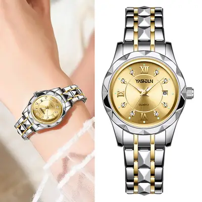 Women's Luminous Gold Steel Watch with Calendar