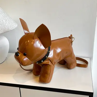 Cute Puppy Crossbody Bag Brown Leather Female Style