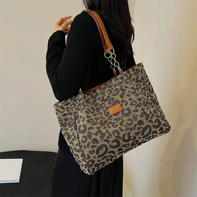 Leopard Print Women's Tote Bag Brown Leather Handle