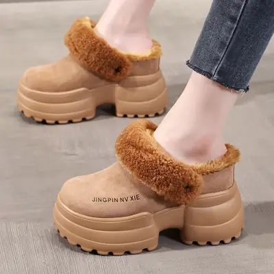 Women Fleece Thick Slippers Winter Warm Black