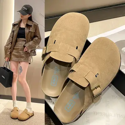 Women's Brown Leather Mules Flat Slippers