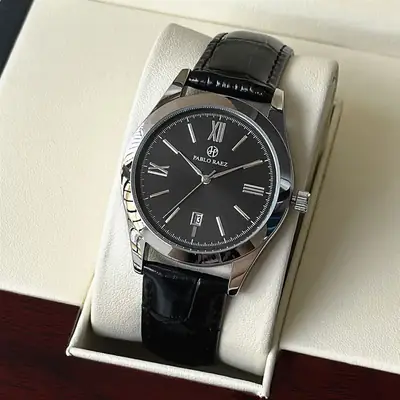Men's Black Quartz Watch with Leather Strap