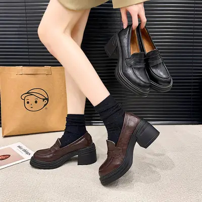 Vintage Thick Heel Loafers Slip-on College Style Leather Shoes