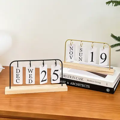 Cross-border Simple Metal Frame Page-turning Wooden Craft Calendar Ornaments Tabletop Decoration Porch Photographing Props