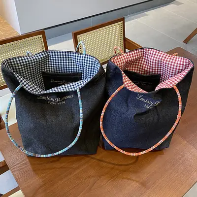 American Style Retro Denim Dual-sided Shoulder Backpack Large Capacity All-match Commuter Tote Bag Instagram New Style