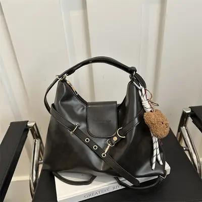 Vintage Women's Black Leather Tote Bag with Belt Decor