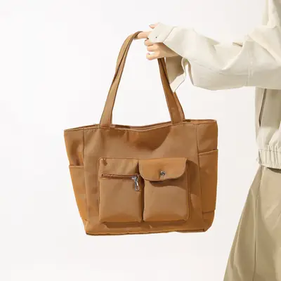Women's Large Capacity Brown Nylon Shoulder Bag with Double Pocket