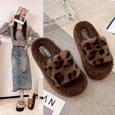Birkenstock Leopard Print Fur Slippers for Women, 2026 New Autumn and Winter Models, Soft Sole with a Premium Feel, Plush Cotton Slippers