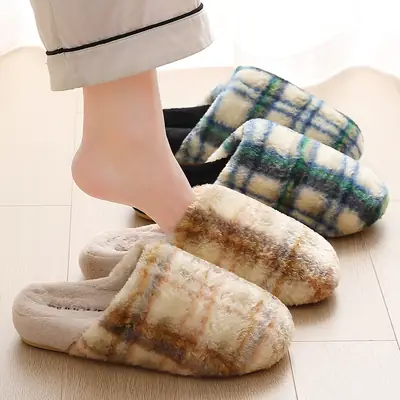 Women's Plaid Velvet Slippers Yellow Winter Warm
