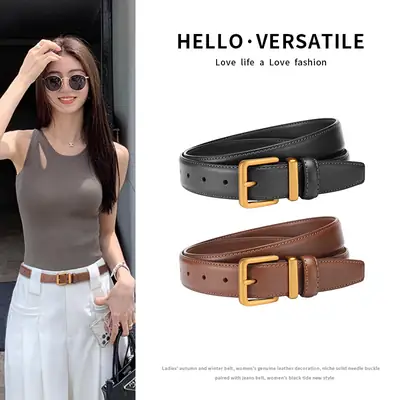 Black Leather Belt with Gold Buckle for Women