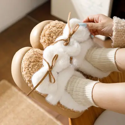 Women's Bow Flats Winter Cotton Slippers with Thick Sole