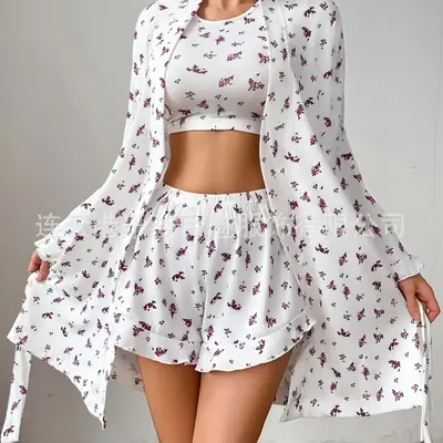 Floral Print 3-Piece Casual Nightgown Shorts Set