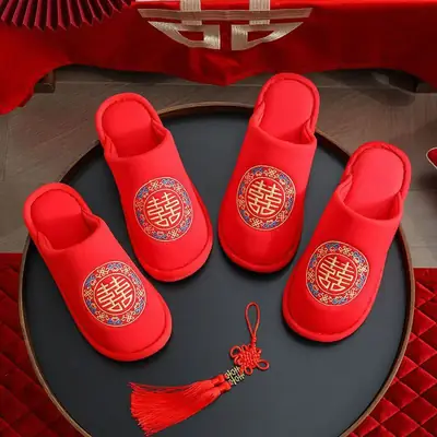 Wedding Red Hi Slippers Wedding Wedding Accompanying Couple Indoor Cotton Slippers for Bride and Groom Autumn and Winter Cotton Slippers