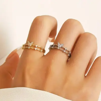 Women Retro Butterfly Adjustable Copper Zircon Ring