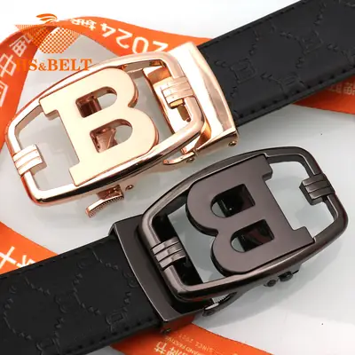 Men's Black Embossed Leather Belt with Letter Buckle