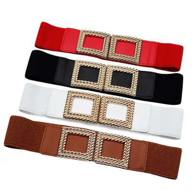 Red Square Buckle Elastic Waist Belt for Women