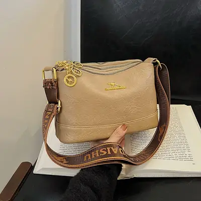 Black Kangaroo Shoulder Bag with Gold Chain & Three-Layer Design