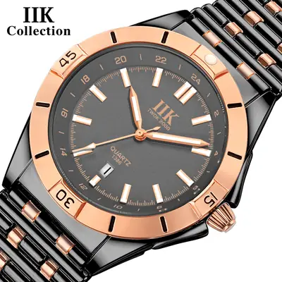 IIK Men's Quartz Watch Black Rose Gold Analog Dial
