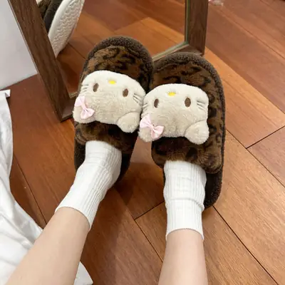 Cute Cartoon Cute Cat Cotton Slippers Women's 2024 Winter New Outer Wear Thick Bottom Home Warm fleece-lined Baotou Slippers