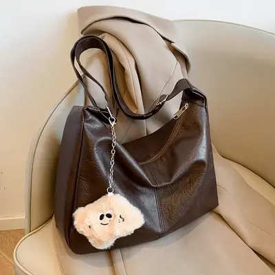 Large Capacity Brown Leather Shoulder Bag with Cute Charm