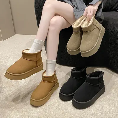 Women Thick Snow Boots Warm Cotton Loafers Black Brown