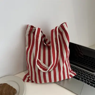 Women's Striped Canvas Shoulder Bag Large Capacity Lazy Style