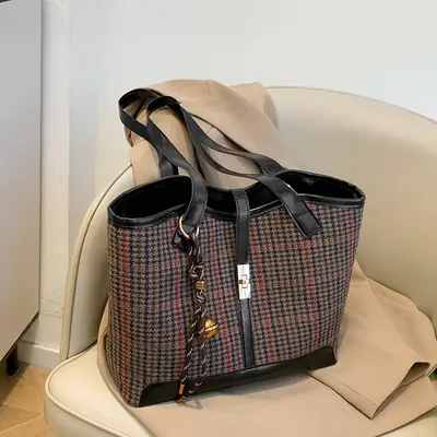 Vintage Houndstooth Shoulder Tote Bag Women 2024