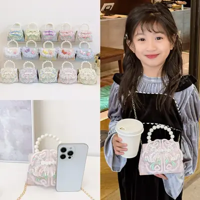 Cute Guofeng Pearl Chain Crossbody Bags for Girls