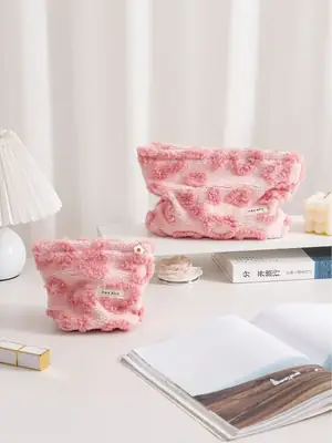 Pink Floral Plush Storage Bag for Makeup & Skin Care