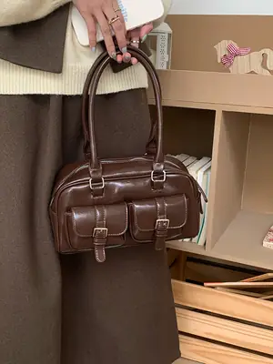2026 Korean Ins Retro Bowling Bag Black Large Capacity