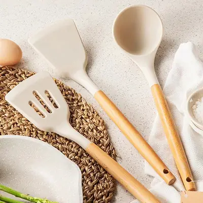 Silicone Kitchen Tools Set with Wooden Handles