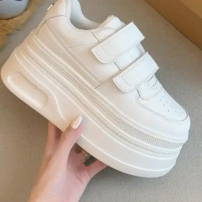 Women's White Thick Leather Platform Sneakers
