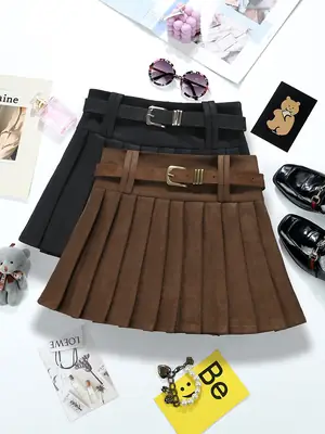 Maillard Suede Pleated Skirt Women Autumn Winter High Waist Slimming