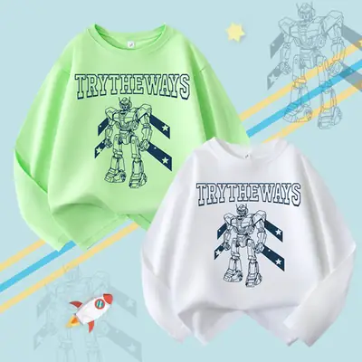 Boys Long Sleeve T-Shirt Green White Try The Ways Cartoon Robot