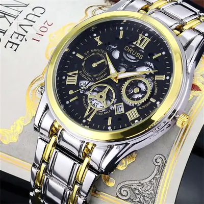 Gold Plated Men's Quartz Watch with Roman Numeral Dial