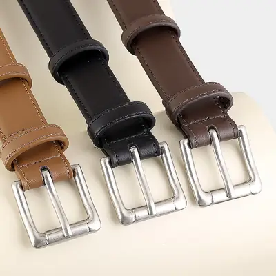Women's Black Leather Belt with Silver Pin Buckle