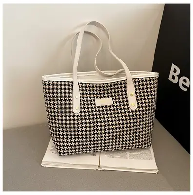 Women Houndstooth Canvas Tote Bag Large Capacity White