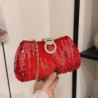 Red Sequin Chain Shoulder Bag for Women