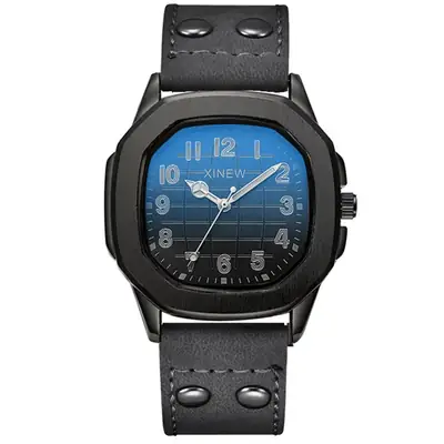 Men's Brown Leather Band Quartz Watch Blue Dial