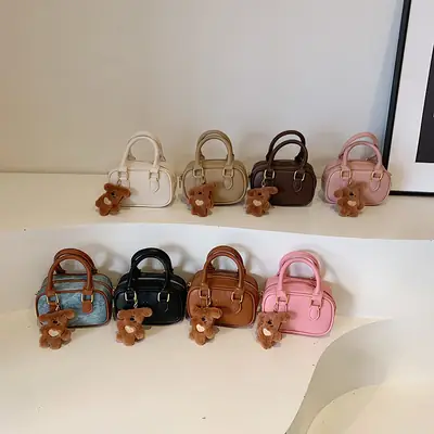 Pink Korean Style Mini Shoulder Bag with Bear Pendant