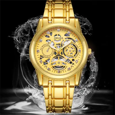 Gold Tourbillon Quartz Men's Watch Waterproof Luminous