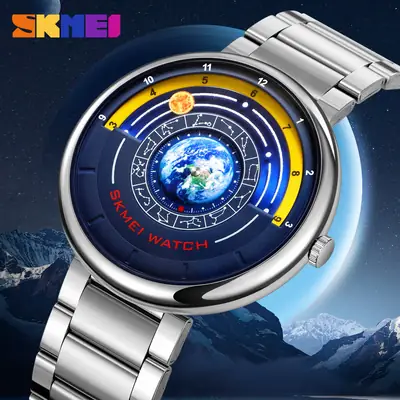 Men's Gold Planet Quartz Watch with Steel Band