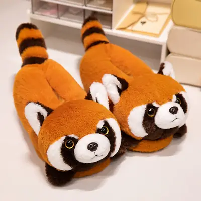 Red Panda Bag with Cotton Slippers Women's Winter Indoor Home Non-slip Cute High-top Plush Toy Warm fleece-lined Shoes