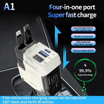 A1 Car Charger 4-in-1 Super Fast Charging Retractable Cable