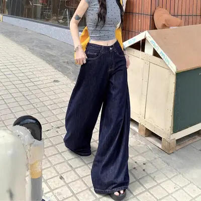 Women's Dark Blue Wide Leg Jeans American Style