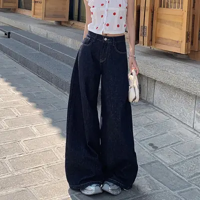 Dark Blue Wide Leg Jeans 2025 Autumn Loose Fit