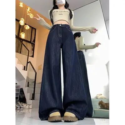 Dark Blue High Waist Wide Leg Jeans Women Spring Autumn