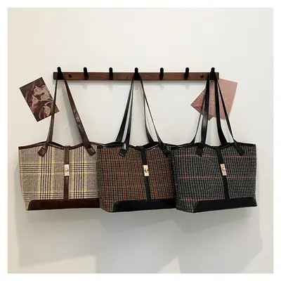 Women Woolen Plaid Shoulder Bag Large Capacity 2024